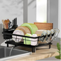 Faabi Dish Drainer Dish Drainer with 360° Drain Stainless Steel Dish Drainer Huge Capacity Dish Drainer with Utensils Cup and Board Holder Black