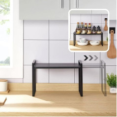 Izvelkamais virtuves plaukts, stackable Counter Shelf Organiser Plaukts ieliktnis virtuves skapīša organizators Virtuves plaukta garšvielu plaukts Trauku un piederumu organizators Vairāk uzglabāšanas vietas (melns)