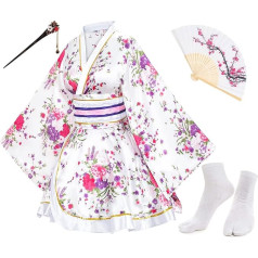 Elibelle Japāņu Anime Anime Sievietes Kimono Robe Costume Silk Foldable Tabi Hair Sticks Socks Set