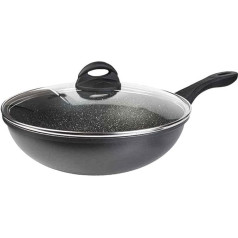 Sovereign Stone Wok panna ar stikla vāku, nepielipīga, ar indukcijas pamatni, 28 cm panna ar ergonomisku rokturi