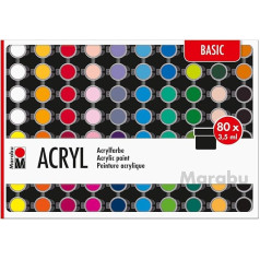 Marabu 1210000000207 - Large Starter Set Acrylic Paints Basic, 80 x 3.5 ml, Water-based, Waterproof and Fade-resistant, Quick-Drying for Stretcher Frame, Paper, Cardboard, Wood