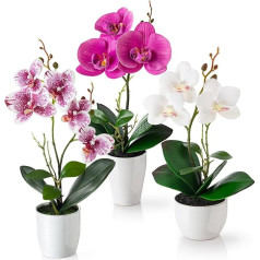 PASCH® Kunstblumen im Topf (35cm) - 3er Set Orchideen künstlich abgestimmtes Arrangement in Hochglanz-Keramiktöpfen, Deko Blumen künstlich, künstliche Orchideen (Weiß-Rosé)