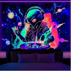 OSVINO Black Light Alien Tapestry 150 x 200 cm Tapestry UV reaktīvais ārzemnieks DJing ar austiņām Tapestry Sun Planet Plakāts Sienas piekaramais guļamistabai Dzīvojamā istaba