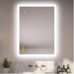 AI-LIGHTING Vannas istabas spogulis ar apgaismojumu, 80 x 60 cm, taisnstūra formas vannas istabas spogulis ar apgaismojumu, pret miglošanos, apgaismots, aptumšojams, silti balts/auksti balts/neitrāls LED spogulis vannas istabai