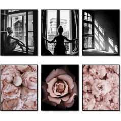 HoozGee Romantic Roses Modes Modern Wall Art Prints Set Black White Pink Wall Art Canvas Picture Plakāts Prints Living Room Bedroom Home Decoration Wall Decor 11 x 14 collas (27.9 x 35.6 cm) Unframed