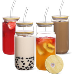 Trinkglasbecher mit Bambusdeckel und Glasstrohhalm, 473 ml, 6 Stück Dosenförmige Glasbecher, Bier- und Eiskaffeegläser mit niedlichem Becher, ideal für Soda, Boba, Tee, Cocktail, inklusive 2