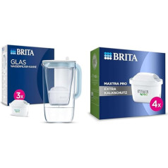 BRITA Stikla ūdens filtra krūze gaiši zila (2,5 l) ar 3x Maxtra Pro All-in-1 kārtridžu un ūdens filtra kārtridžu Maxtra Pro Extra Limescale Protection - 4 gab. komplektā