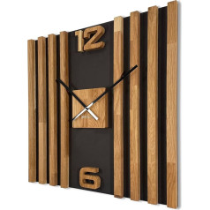 FLEXISTYLE Sienas pulkstenis ar lielām koka līstēm SQ 60 cm Wood Look Black 3D Oak Modern No Ticking Living Room (Black/Oak)