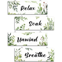 decalmile 4 Pieces Wooden Sign Green Leaves Wall Hanging Plants Wall Art Inspirational Texts Wall Decoration Bathroom Living Room Bedroom