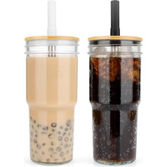 Luxfuel Einmachglas mit breiter Öffnung, 680 ml, Trinkglas mit Bambusdeckel und Strohhalmen, 2 Stück, wiederverwendbar, für Eiskaffee, Smoothie, Perlmilchshake, Wasser, Saft, BPA-frei