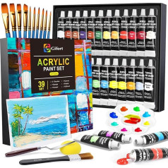 Gifort Acrylic Paint Set, 24 x 22 ml Tubes plus 10 x Brushes, Water-Based Acrylic Paint for Stone, Wood, Paper & Canvas, Acrylic Paint Set for Children, Adults, Hobby Enthusiasts & Professionals