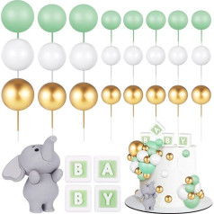 FRIUSATE 26 gab. ziloņu kūkas dekorēšana Mini bumbiņas Cake Topper Green Baby vēstule Cupcake Toppers Green Gold White Foam Balloon Pearl Ball for Baby Shower Boy Elephant Theme Birthday Party Supplies