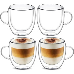 4 x stikla kafijas tasītes ar dubultiem sieniņiem | Kapučīno, Latte Macchiato, Espresso 4 gabalu stikla kafijas tasīšu komplekts ar rokturi | Borosilikāta stikla kafijas, tējas, piena, sulas, ledus (250 ml)