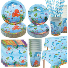 LSJDEER Under The Sea Party Supplies - Ocean Sea Party galda piederumi - pusdienu šķīvji, deserta šķīvji, tasītes, salvetes, galdauts, salmiņi zemūdens pasaules dzimšanas dienas svinību dekorēšanai, ietilpība 40 porcijas