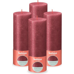 Bolsius Rustic Pillar Candles - Shimmer Red - 4 gabali - Dekoratīvās sveces - Degšanas laiks 60 stundas - Bez aromāta - Satur dabīgo augu vasku - Bez palmu eļļas - 19 x 7 cm