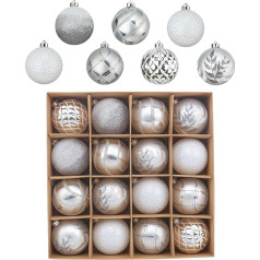 Valery Madelyn Christmas Baubles 16 Pieces 8 cm Christmas Tree Decorations Christmas Tree Baubles Plastic with Hanger Shiny Glitter for Christmas Decoration Traditional Theme Silver White