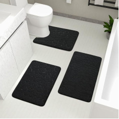 chakme Vannas istabas paklāju komplekti 3 gabali, Cobblestone Memory Foam Vannas istabas paklāju komplekts, neslīdošs vannas istabas paklājs vannas istabai, absorbējošs, mazgājams, melns vannas paklājs vannai, tualetei un grīdai