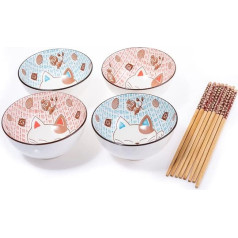 lachineuse - 4 japāņu kaķu trauku komplekts (diametrs 11 cm) - rīsu, brokastu un zupas trauki - japāņu porcelāna trauki - ēdiena nūjiņas - Maneki Neko Lucky Charm - dāvanu dekors