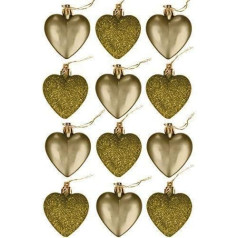 Robelli Christmas Shatterproof Glitter Heart Baubles - 6 cm - Pack of 12 - Gold