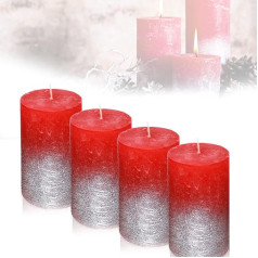 Candelo 4 sveču komplekts Ambiente Rustic Pillar Candlo - Sarkans metālisks sudraba krāsā - Liela svece 12 cm - degšanas laiks aptuveni 54 stundas Ziemassvētku sveces Adventes vainags