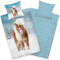 Aminata kids Flannelette gultas veļa 135 x 200 cm Bērnu zirgu motīvs Meitenes flaneļa kokvilnas Zip Bērnu divpusējs gultas veļas komplekts Pony in Snow Flannel gultas veļa