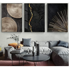 HEHGVCF 3 x Modern Abstract Living Room Canvas Pictures Plakāta attēli 50 x 70 cm, Black Gold Year Rings Picture Set, Kanvas Pictures, sienu mākslas darbi, bez rāmja (A+B + C, 50 x 70 cm)