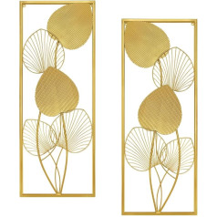 qiangXINGYai Zelta metāla mākslas sienas skulptūras, 81,3 x 30,5 cm, Ruffled Fan Palm Leaf Wall Mājas dekorēšana Modern Wall Hanging skulptūras ar rāmi virtuvei, dzīvojamā istaba, mājas birojs (2 komplekti)