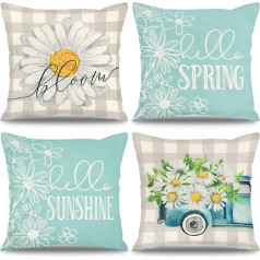 UXORSN Daisy spilvenu pārvalki 45 x 45 cm Pack of 4 Plaid Track Bloom Hello Sunshine Pavasara dekoratīvie metamie spilveni Gaiši zils spilvenu pārvalks Lauku mājas dīvāns Decor