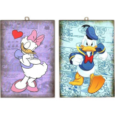 KUSTOM ART Comics Daisy Duck un Donald Duck (Dagobert) 2 Vintage stila attēli, koka izdruka, 18 x 25 cm