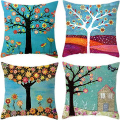 LTDKAEN Creative Art Kids Glezniecība spilvenu pārvalki 18x18 collu 4 Pack Koki Putni Putni Akvarelis Ziedi Mājas dekors Farmhouse Persiku ādas samta spilvenu pārvalki dīvāna guļamistabai