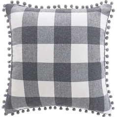 PiccoCasa 1 gab Buffalo Check Plaid Throw Cushion Cover with Pompoms 18 x 18 Inch Retro Checks Dekoratīvs spilvenu pārvalks dīvāna dīvāna gulamvietai Home Decor, pelēks un balts