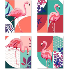 Art Print Unframed Pictures Set of 4, Plakāta izmērs: 20 x 25 cm Premium Flamingo Art Paper Wall Decoration Matching Bedroom Decoration Pink Children's Room Animals Flowers Watercolour for Girls Painting