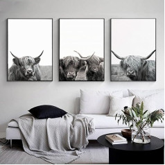 LXTOPN Funny Highland Cow Wall Art Plakāts Pictures, melnā un baltā audekls attēlu, lauku stils sienas bildes dzīvojamā istaba, guļamistaba dekori, bez rāmja (3 x Govs-2, 50 x 70 cm x 3)