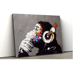 52north Banksy DJ Monkey Canvas Famous Wall Art Print dažādos izmēros (A3 (16 x 12 collas))