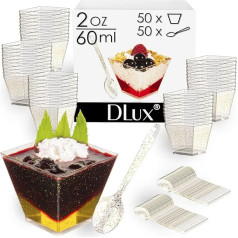 DLux 50 x 60 ml mini deserta trauciņi ar vāciņu un karoti - mazas kvadrātveida atkārtoti lietojamas deserta glāzes no plastmasas ar zelta spīdumu - vienreizlietojamie deserta trauciņi, deserta glāžu komplekts