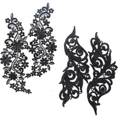 GORGECRAFT 2 pāri mežģīņu aplikācijas ziedu izšuvumi Patch Black Lace Trim Collar for DIY dekorēts amatniecības šūšanas kostīms (9,84 x 5,70, 11,41 x 5,11)