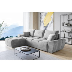 Ml Furniture Ltd ML Furniture Velvet L-Shaped Corner Sofa - Light Grey Sofa - Couch with Storage Space and Cushions - Extendable Sofa Bed - Sofa with Sleep Function - Sofa Bed with Bed Box - Guest Bed - 289 x 189 cm