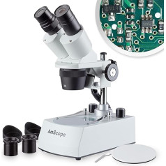 AmScope SE306R-P-LED Kompaktes Stereomikroskop mit mehreren Objektiven, abgewinkeltem Kopf, Metallsäulenständer, LED-Beleuchtung oben und unten, 20X-40X