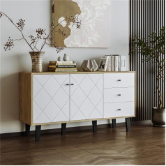 Modernes Sideboard Mit Viel Stauraum, Einzigartigem Diamond Line-Design, Zwei Türen, DREI Schubladen Und Verstellbarem Regal - Ideal Für Esszimmer, Wohnzimmer Oder Küche(Color:Weiß)