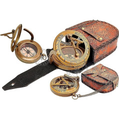 Hanzla Collection Saules pulkstenis Ādas futrālis Antique Finish Copper Dial Compass and Sundwise Handmade Steampunk Accessory