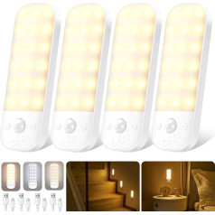 Nakts gaisma ar kustības sensoru, [Pack of 4] USB uzlādējams LED nakts apgaismojums, ar 3 režīmiem, 3 krāsu temperatūrām, nepārtraukti aptumšojams, noņemams apgaismojums bērnu istabai, gaitenim, kāpnēm,