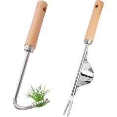 LUFEIS Weed Puller, 2 Pack Hand Weeder Tool, Stainless Steel Deep Root Weeder Tools with Natural Wooden Handle, Garden Hand Weeder Tool for Removing Dandelions, Thistles and