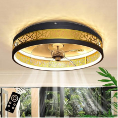 Klusais griestu ventilators ar apgaismojumu Dimmable LED griestu gaisma ar ventilatora lampu ar tālvadības pulti 6 vēja melns zelta apaļš griestu gaisma Ventilatora gaisma guļamistabai Dzīvojamā istaba 50 cm 55 W