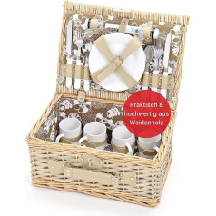 Picnic Basket for 4 People Made of Willow with Flower Pattern – 24 Pieces – High Quality Picnic Set with Lid, Tableware Set & Accessories – Green White