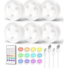 EZVALO Puck Lights ar tālvadības pulti, 14 regulējamas krāsas RGB LED, 1200mAh uzlādējams skapja apgaismojums, krāna apgaismojums virtuvei, letēm, skapjiem (6 gab.)