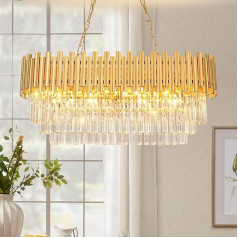 KUNYEEE Modern Crystal Pendant Light Zelta lustra, ovāla kristāla piekaramā gaisma, karājas lampa viesistabai, ēdamistabai, guļamistabai, restorānam, E14 x 8, 80 x 30 cm