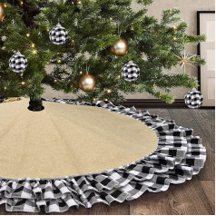 Sofevaim Burlap Halloween Tree Skirt Buffalo Plaid Ziemassvētku eglītes svārki ar divlīmeņu Ruffle robežu 48 collu melnā un baltā lauku sētā Ziemassvētku rotājumi lauku mājām