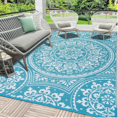 SHACOS Āra paklājs Boho Weatherproof Turquoise 150 x 240 cm Balkona paklājs Liels kempinga paklājs Dārza paklājs Dārza paklājs Āra piknika sega Salokāms grīdas paklājs Āra plastmasas paklājs ārā