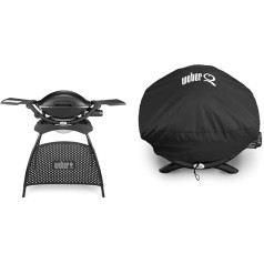 Weber Q2000 gāzes grils 55 x 39 cm ar statīvu un izvelkamiem sānu galdiņiem, melns (53010379) & 7118 vāks Q200/Q220/Q240 sērijai, melns