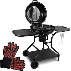 deluxe4home® tējkanna grils diametrs 55 cm ar plauktu, rullējošs grila ratiņi ar vāku, BBQ grils uz kokoglēm, apaļš grils grilam uz kokogļu grila